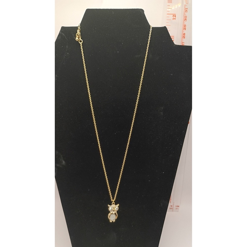 Gold Tone Owl Pendant Necklace Rhinestone Eyes Faux Moonstone 22 Inch Chain